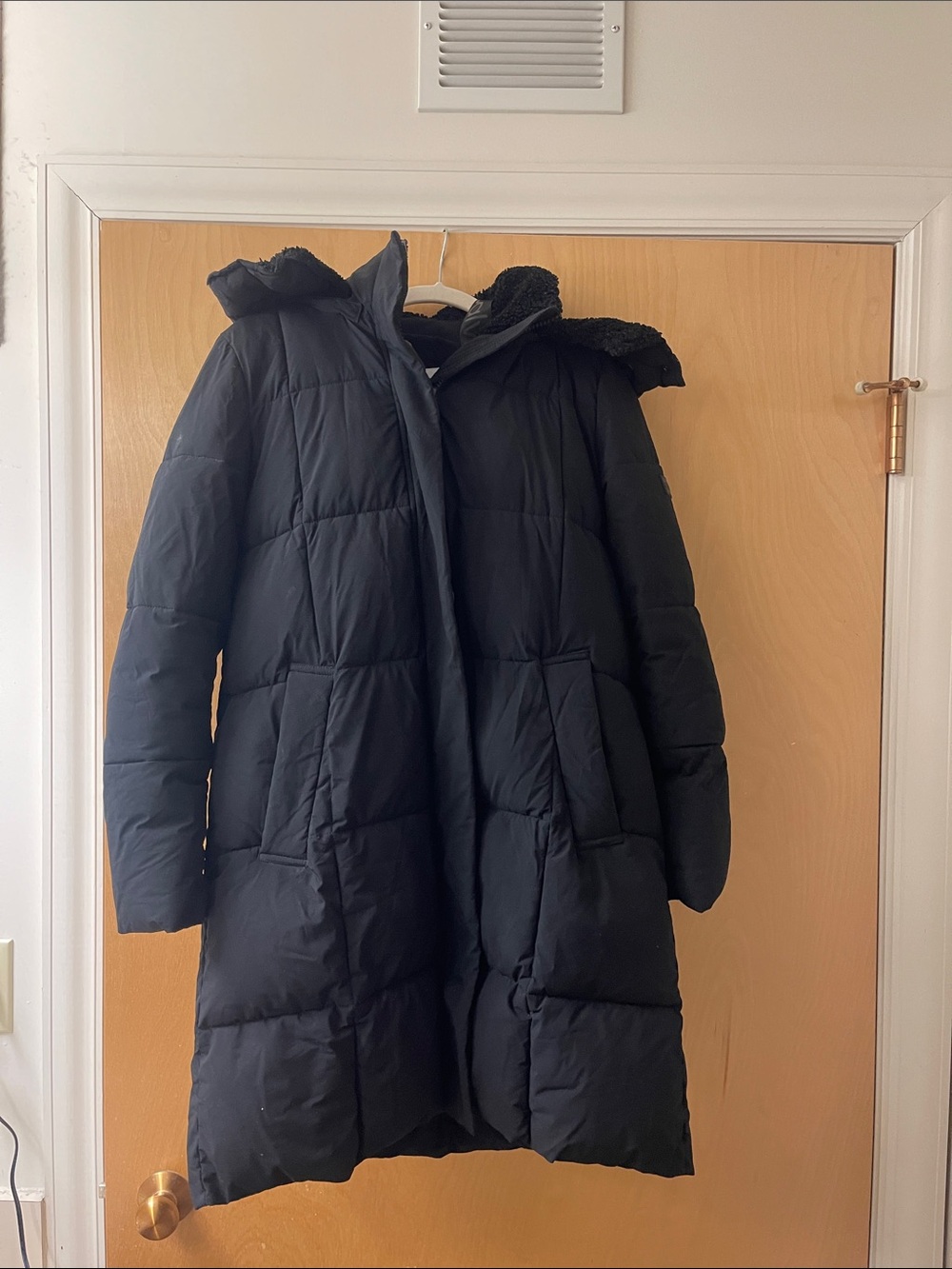 Calvin Klein Black Long Quilted Puffer Coat with Hood